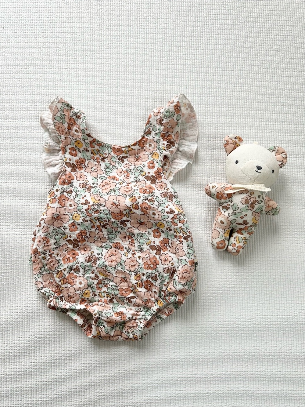 Floral Ruffle Baby Romper with matching bear